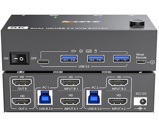 8K HDMI KVM Switch 2 Monitors 2 Computers 8K@60Hz 4K@144HzMLEEDA USB 3.0 Dual Monitor KVM Switch for 2 Computer Share 2 Monitor and 4 USB DevicesWired Remote12V Power Adapter and USB Cable Included