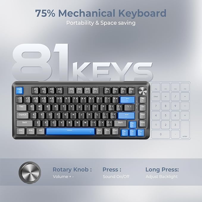 Redragon K681 Wireless Mechanical Keyboard Gasket Mounted RGB Gaming Keyboard with Volume Knob MDA-Profile Pre-Lubed Linear Switches 81 Keys 75％ Tri-Mode Hot Swappable for PC/Xbox/Ps4/5 (Blue)