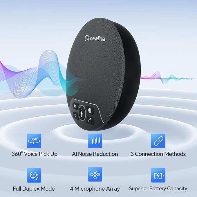 N newline USB Conference Microphone Speaker with Dongle Bluetooth Speakerphone 360° Voice Pickup 4 Mics Portable USB Speakerphone w/Noise Reduction for Home Office Meeting Teams Zoom NewPie 30