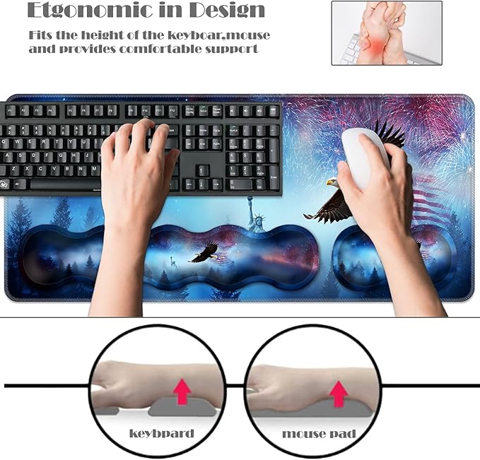 Ergonomic Keyboard Wrist Rest &amp Mouse Pad Wrist Rest SetXL Gaming Desk Mat 31.5x 11.8Non-Slip BaseMemory FoamEasy Typing Pain Relief for Office &amp HomeEagle US Flag Fireworks
