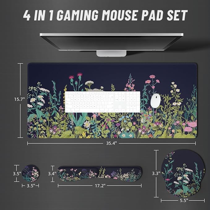 Ovenbird Mouse Pad Set 4-in-1 | Large Gaming Mousepad Keyboard Wrist Rest Mouse Wrist Support Coaster | Ergonomic Office Desk Mat Accessories for Women Men | 4PCS 35.4 x 15.7in Black Floral