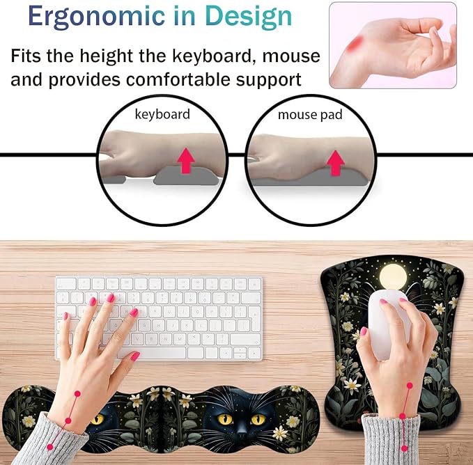 Ergonomic Keyboard Wrist Support Pad and Wrist Support Mouse Pad Anti-Slip with Gel Memory Mouse Pad Set Suitable for Office Use/Home Use - Cat Moon