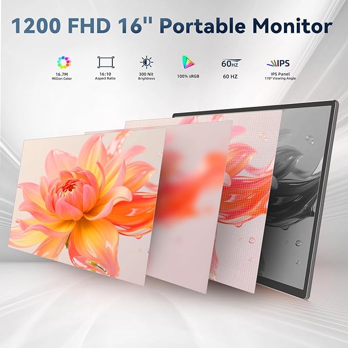 Laptop Screen Extender Monitor - Dual 16 inch IPS FHD 1200P Extended Monitors for 13-17 Laptops Type-C/HDMI/USB-A Compatible with Windows Mac Travel Work
