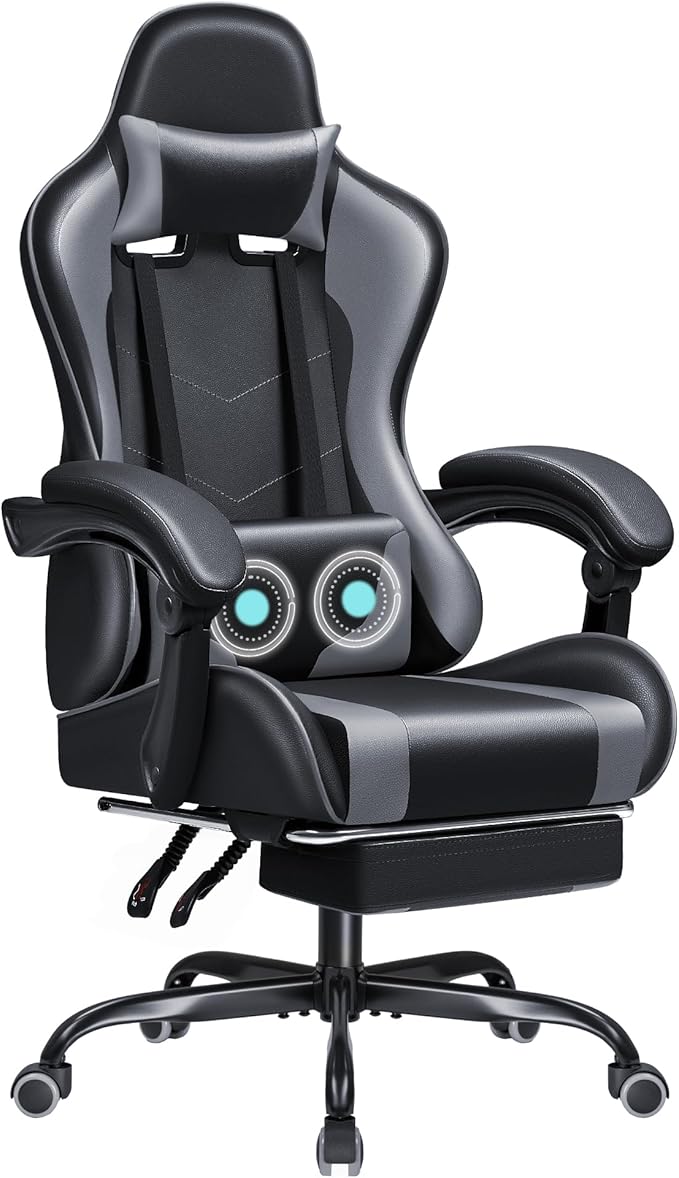 JUMMICO Gaming Chair Ergonomic Computer Chair with Footrest and Massage Lumbar Support Height Adjustable Video Gaming Chair with 360° Swivel Seat and Headrest (Grey)