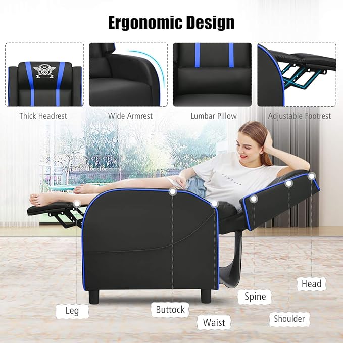 LDAILY Massage Gaming Chair Adjustable Recliner Chair Ergonomic PC Computer Chair Racing Style Single Lounge Sofa with Footrest Backrest Padded Seat for Living Room Theater Home