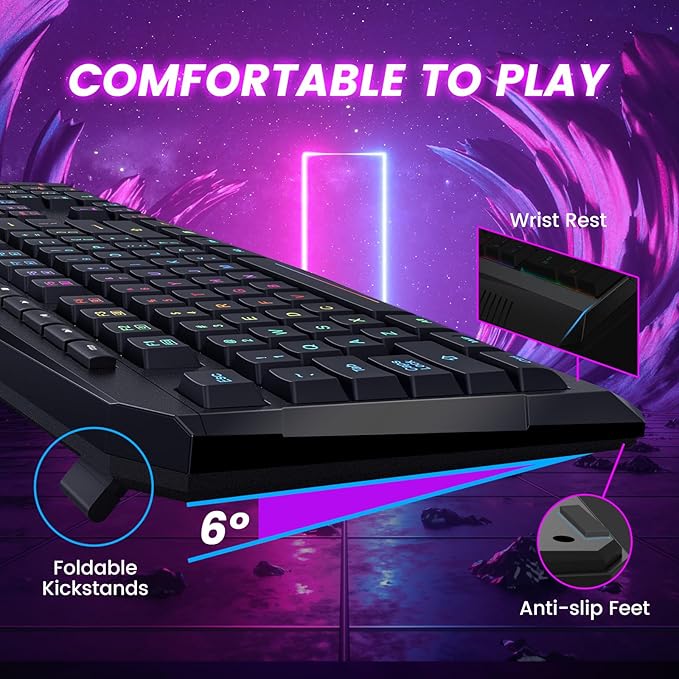 Wireless Keyboard Rechargeable RGB Backlit Wireless Gaming Keyboard with Wrist Rest Silent Keys Multimedia Keys Anti-ghosting Full-Size Waterproof Light Up Keyboard for PC Mac Xbox Gamer
