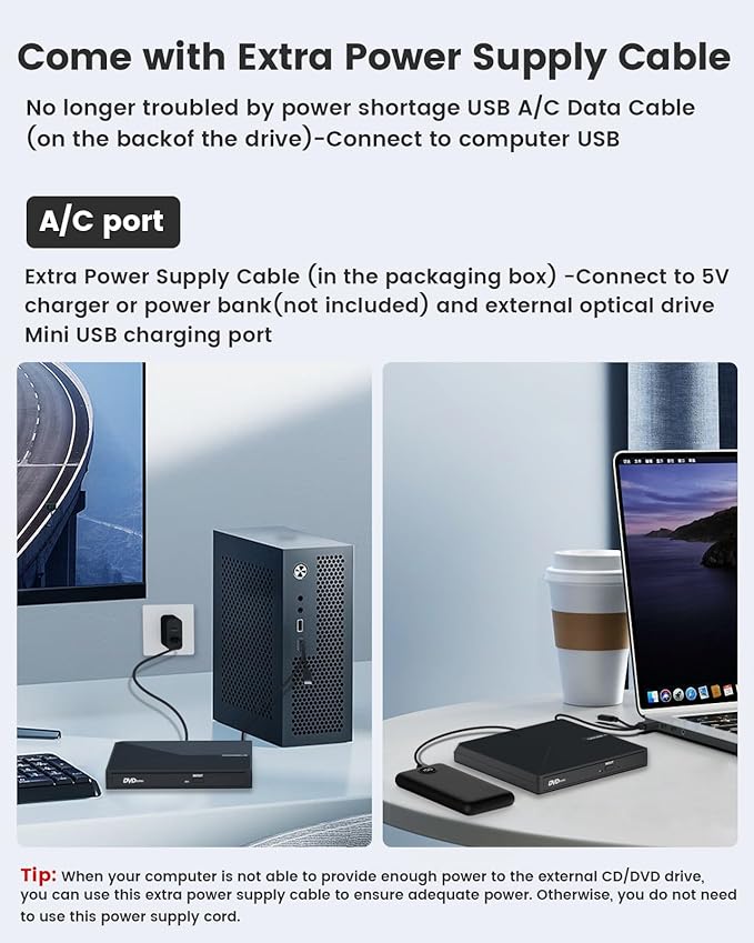 External CD DVD Drive Portable Type C &amp A USB 3.0 DVD +/-RW Player Burner Reader Writer Optical CD ROM Disc Drive for MacBook Laptop Desktop PC Mac OS Windows Linux with Carrying Case