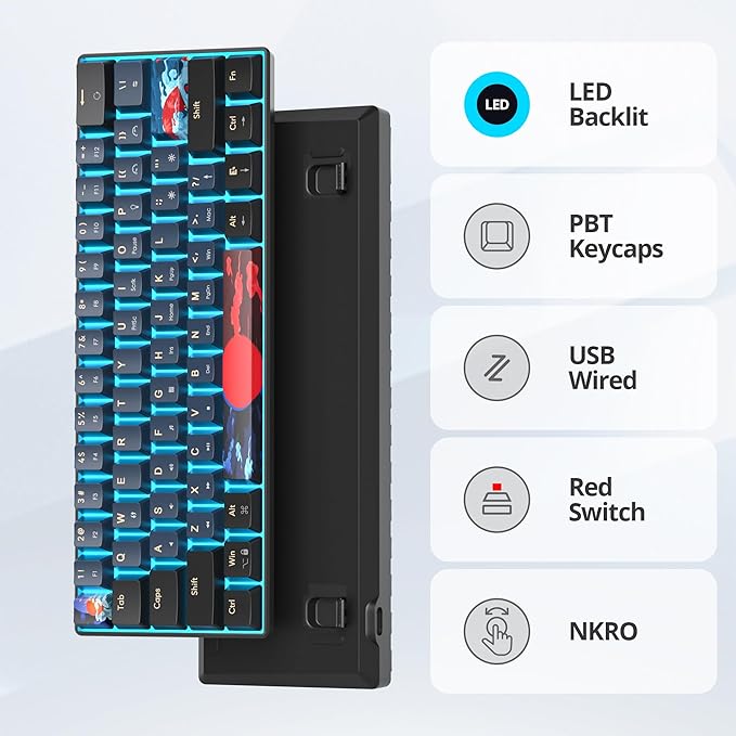 Portable 60% Mechanical Gaming Keyboard Red Switch LED Backlit 61 Keys Mini Black Blue USB Wired for Windows Mac Laptop PC (61 Blue Samurai)