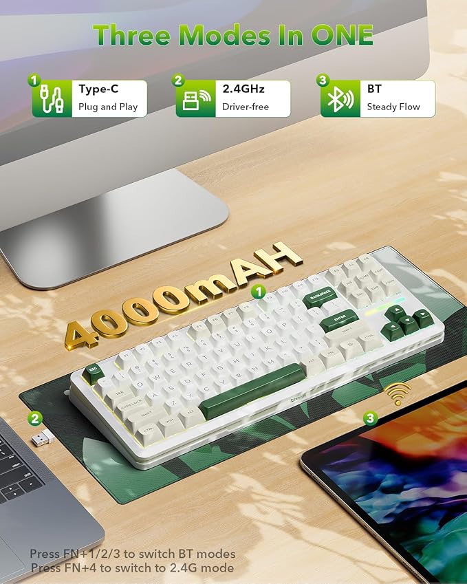 Redragon K734W Wireless Mechanical Keyboard Tri Mode BT5.0/2.4G/USB-C 75% 81 Keys TKL Custom Hot Swappable Gaming Keyboard Pre-lubed Linear SwitchesRGB Gasket Computer Creamy Keyboard for PC/MAC