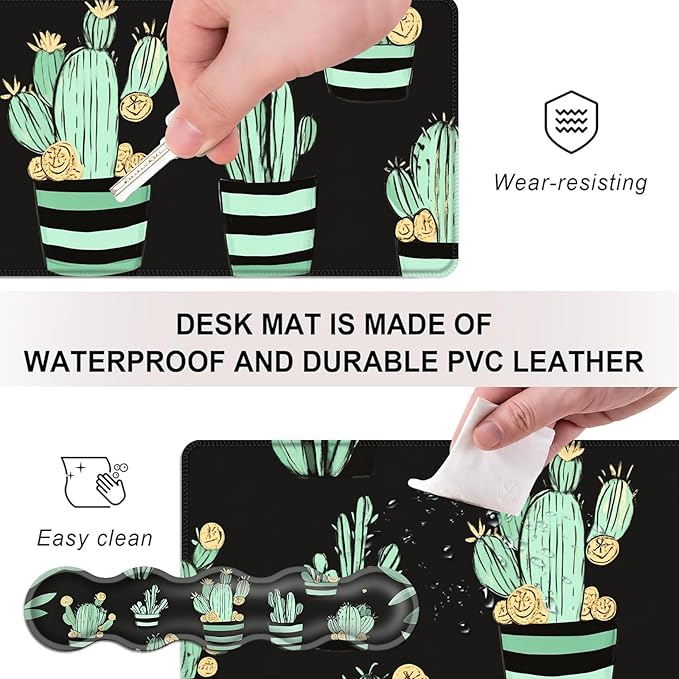 Mouse PadLarge Desk Mat Set 4in1 XL Mousepad + Keyboard Wrist Rest+Mouse Wrist Rest+Coaster with Ergonomic Desk Pad for Home Office Table Computer Cover -Cactus Pattern