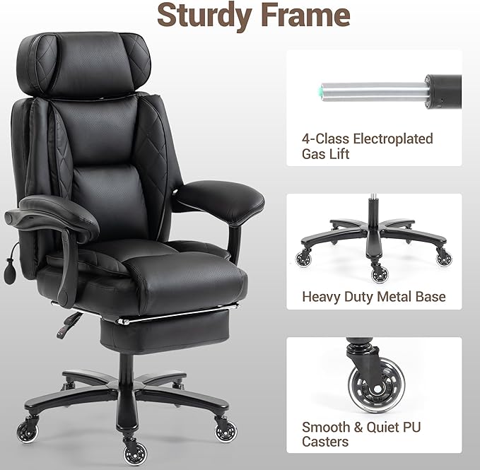 Big and Tall Office Chair for Heavy People Heavy Duty Executive Office Desk Chair with Footrest Waist Lumber Support Adjustable Headrest Black