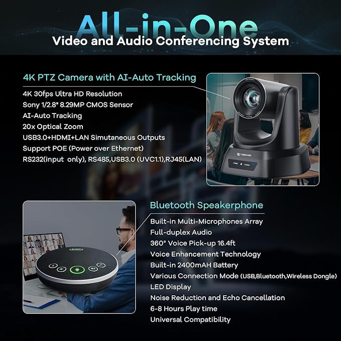 TONGVEO 4K AI Auto Tracking PTZ Conference Camera System with Bluetooth Speakerphone &amp Microphone 20X Optical Zoom USB3.0 HDMI LAN PoE Power Camera for Church Worship Meetings Streaming