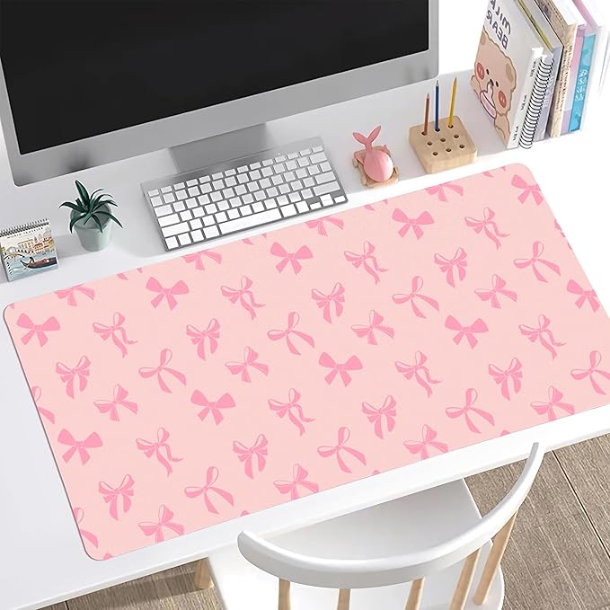 Idocolors Minimalist Pink Bow Desk Mat Pink Extended Gaming Keyboard Mouse Pad Large Cute Kawaii Women Office Desk Mat Protector 31.5x15.7