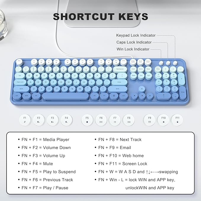 Computer Keyboard Wired Plug and Play USB Retro Round Typewriter Keyboard Full Size Wired Keyboard with Foldable Stands for Laptop and Office PC- Blue Gradient