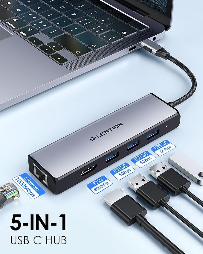 LENTION USB C Hub with 1000M Gigabit Ethernet Adapter 4K HDMI Display 3xUSB-A 3.0 Ports for MacBook Pro/Air/Neo Dell Lenovo HP Laptops and More Stable Driver Certified (C25 Space Gray)