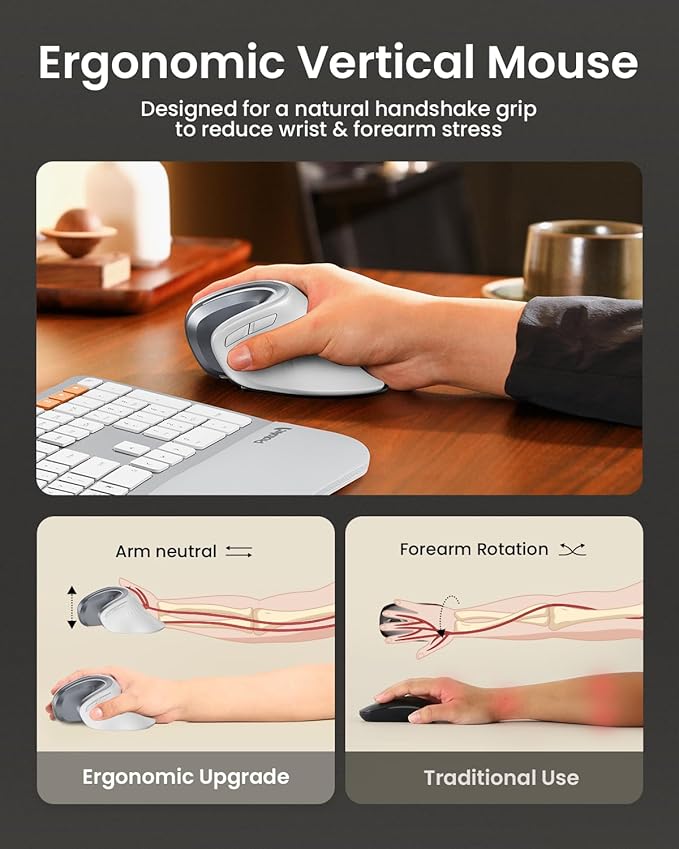 ProtoArc Ergonomic Mouse EM11 NL Bluetooth Rechargeable Wireless Vertical Mouse 3 Multi-Device Connectivity for Computer/PC/Laptop 2.4GHz USB-A Optical Mice for Windows Mac OS White
