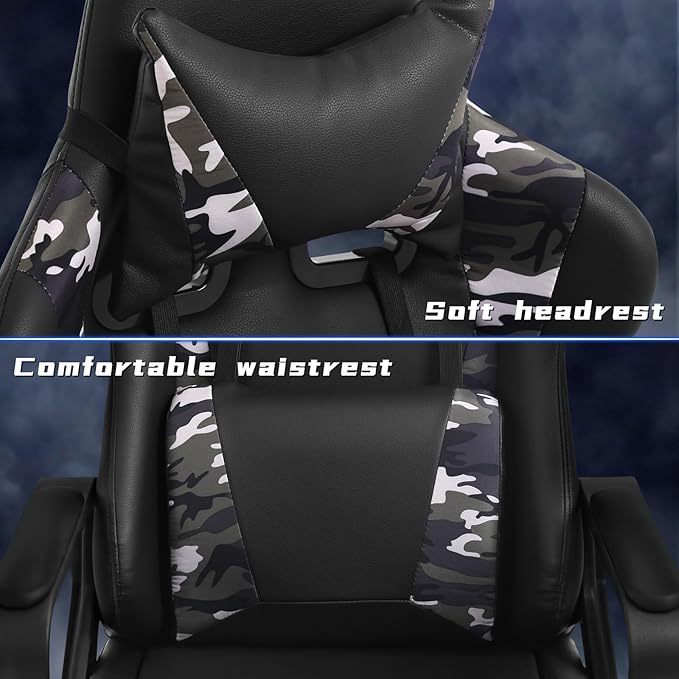 Camo Gaming Chair | Ergonomic High Back Desk Chair Racing Style with Lumbar Support Headrest &amp Arms - Heavy Duty Swivel Computer Chair for Office