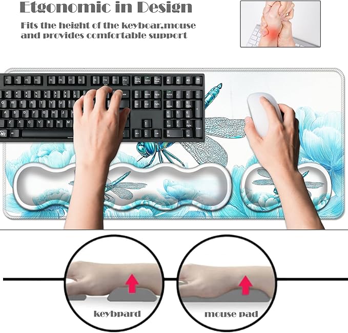 Ergonomic Keyboard Wrist Rest &amp Mouse Pad Wrist Rest SetXL Gaming Desk Mat 31.5x 11.8Non-Slip BaseMemory FoamEasy Typing Pain Relief for Office &amp HomeDragonfly Blooming Flower