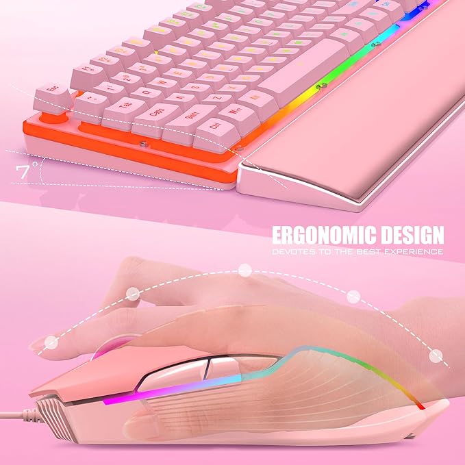 RedThunder K10 Wired Gaming Keyboard and Mouse and Wrist Rest Combo RGB Backlit Mechanical Feel Anti-ghosting Keyboard + 7D 7200 DPI Mice+Soft Leather Wrist Rest 3 in 1 PC Gamer Accessories(Pink)