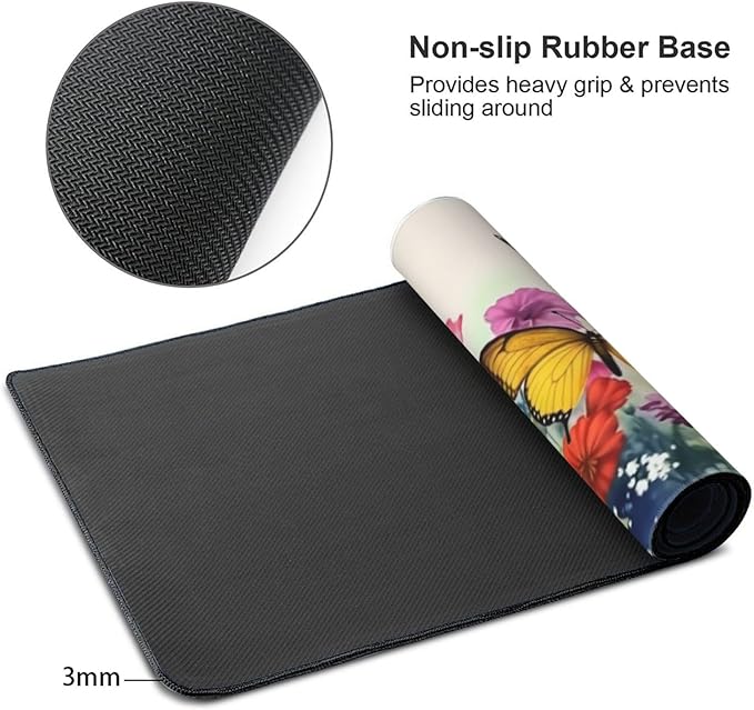 Butterfly Floral Garden Mouse PadDesk MatLarge Waterproof Non-Slip Rubber Mousepad with Stitched Edges Office Home Computer Desk Accessories35.4X15.7