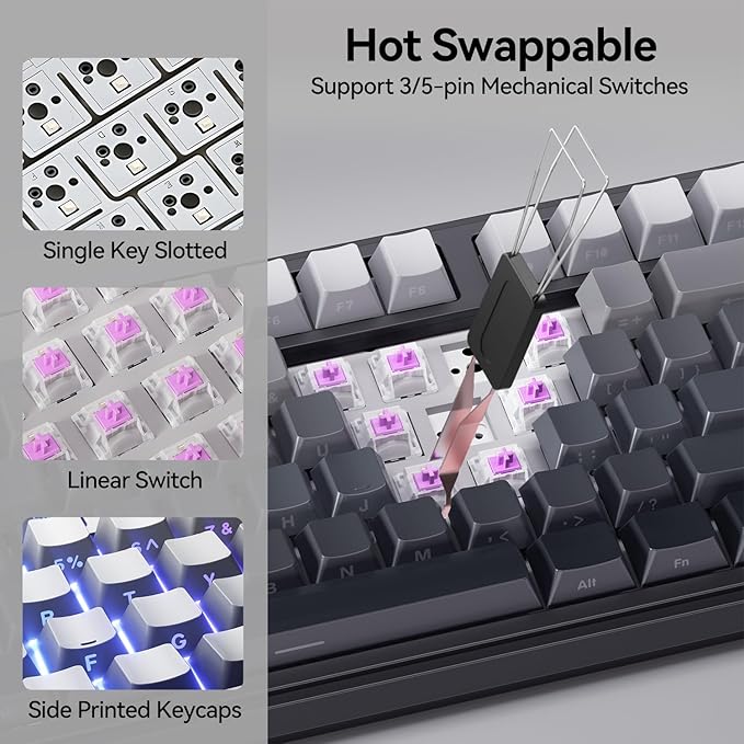 AUSDOM H87 Wireless Mechanical Keyboard 10000mAh Battery Gasket Hot Swappable Custom Keyboard with RGB Backlit Side Printed PBT Keycaps Tri-Mode BT5.3/2.4GHz/USB-C Gaming Keyboards Black Grey