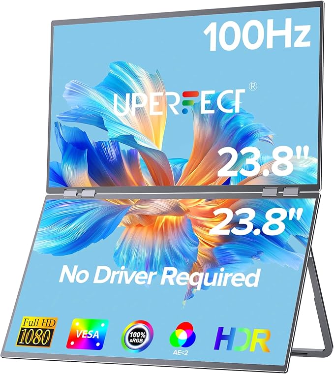 UPERFECT Delta 23.8 100Hz Portable Dual Monitor for Laptop Screen Extender 1080P HDR 360° Folding Stacked Triple Monitor with Stand &amp VESA for Laptop PC Phone Game Console (No Driver Needed)