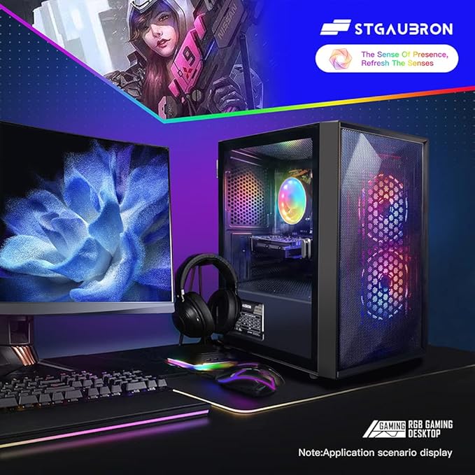 STGAubron Gaming PC Bundle with 24Inch FHD LED Monitor-Radeon RX 550 4G Intel Core I5 up to 3.7G 16G RAM 512G SSD RGB Fan x 2 Windows 11 Home