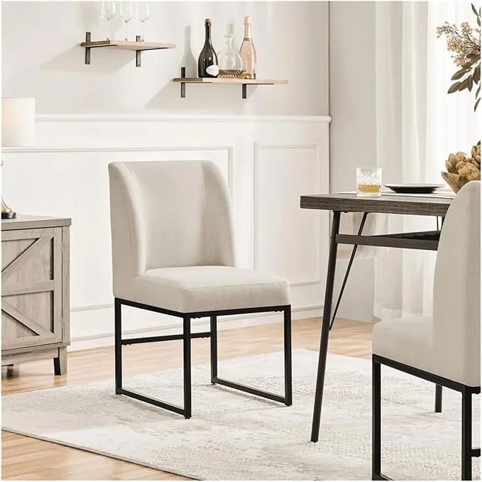Adjustable Office Computer Chair with Armrest 1pcs Modern Style Beige Upholstered Fabric Comfortable Indoor Dining Chairs Black Leg Color