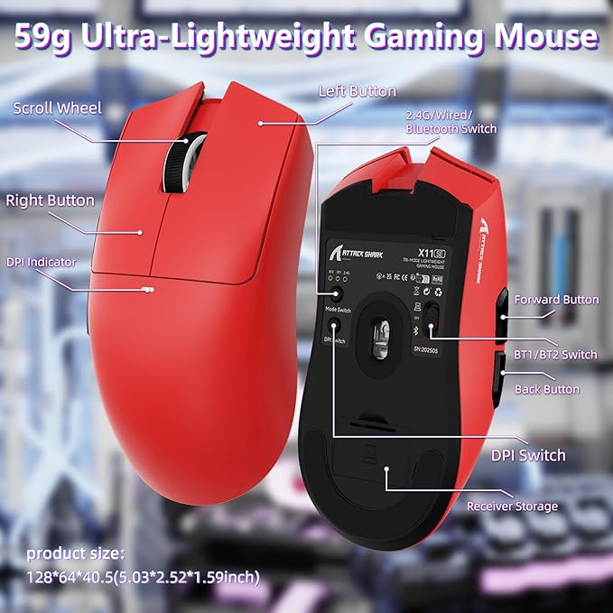 MAMBASNAKE Attack Shark X11SE Lightweight Wireless Gaming Mouse Tri-Mode 2.4G/USB-C Wired/BT 22K DPI PAW3311 Optical Sensor 59g 5 Programmable Buttons 300mAh Battery for PC/Mac(Red)
