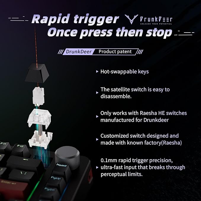 DrunkDeer A75 Pro Rapid Trigger Silent Magnetic Switch Mechanical GamingKeyboard ANSI Adjustable Actuation HE Hall Effect RGB PBT Keycap 75% TKL 82Keys Wired Cherry Profile USB with Knob