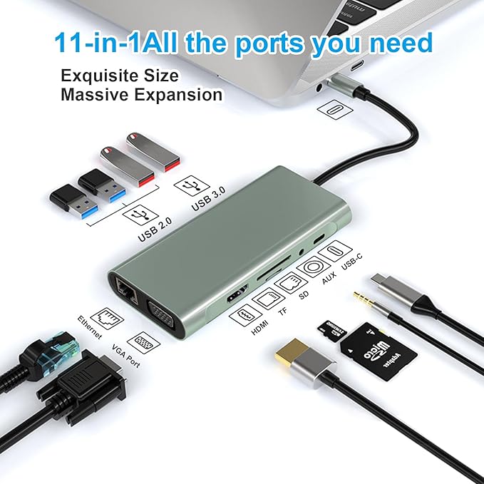 USB C Hub 11-in-1 Docking Station Type-C Multiport Adapter with 4K HDMI VGA 100W PD USB 3.0 RJ45 Ethernet SD/TF Card Reader AUX Compatible with MacBook Pro/Air Chromebook Laptops