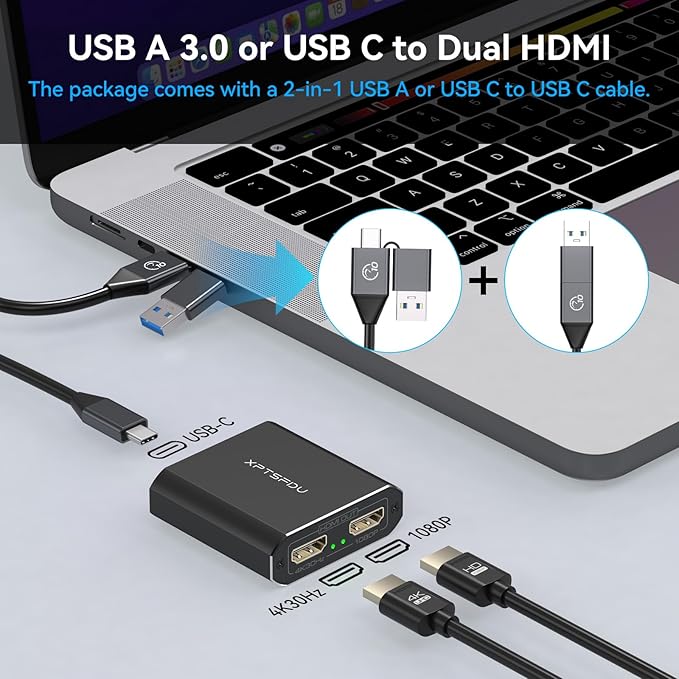 USB to Dual HDMI Splitter DisplayLink Adapter HDMI Splitter for Dual Monitors with Extended Display 4K@30Hz and 1080P@60Hz Output for Windows Mac Vista