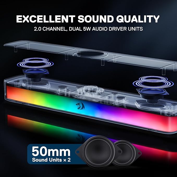 Redragon GS515 RGB Desktop Soundbar 2.0 Channel Stereo Computer Speakers for Desktop with BT 5.3 USB-C/USB Powered Black