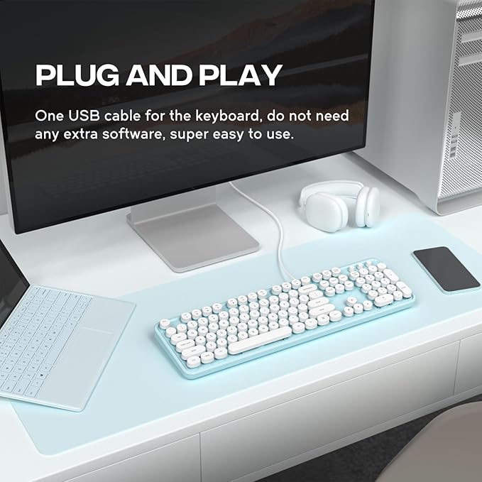 Computer Keyboard Wired Plug and Play USB Retro Round Typewriter Keyboard Full Size Wired Keyboard with Foldable Stands for Laptop and Office PC- Blue&ampWhite Colorful
