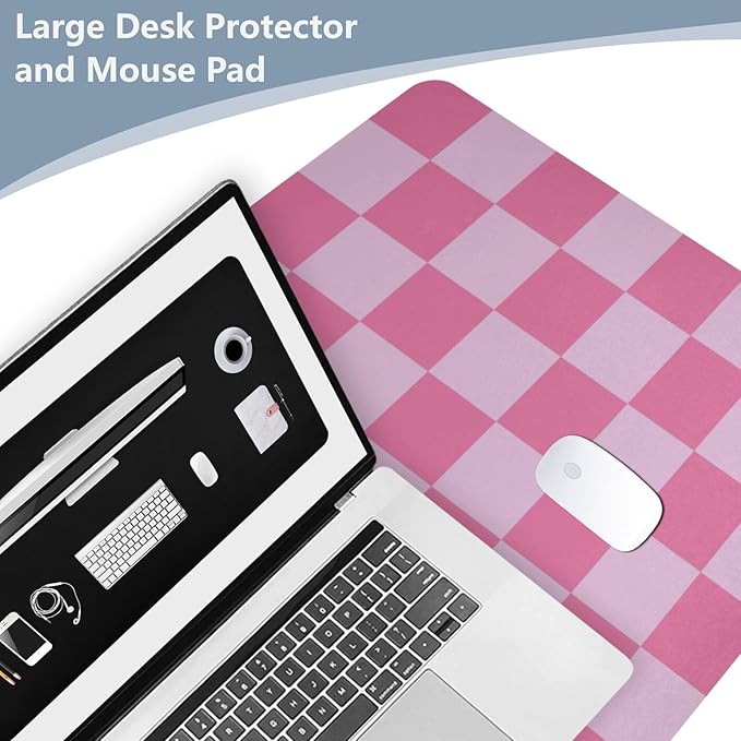 Mouse Pad Desk Mat Leather Desk Pad Large Gaming Desk Cover Protector Mat for Keyboard Computer Laptop Office Waterproof 47.2 x 23.6 Inch Checkered Pink