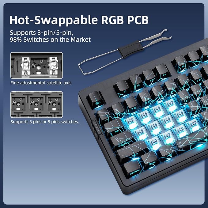 ZORNHER ZH980 Mechanical Keyboard Wireless95% Creamy Keyboard with Number PadHot-Swappable Custom Gaming KeyboardShine Through Spider Web PCLoud Clicky Blue Switches