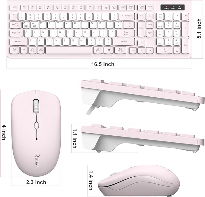 Wireless Keyboard and Mouse Combo Full-Sized Quiet Wireless Keyboard and Adjustable DPI Mouse 2.4GHz USB Receiver Keyboard and Mouse for PC Windows Desktop Laptop (Pink and White-B)