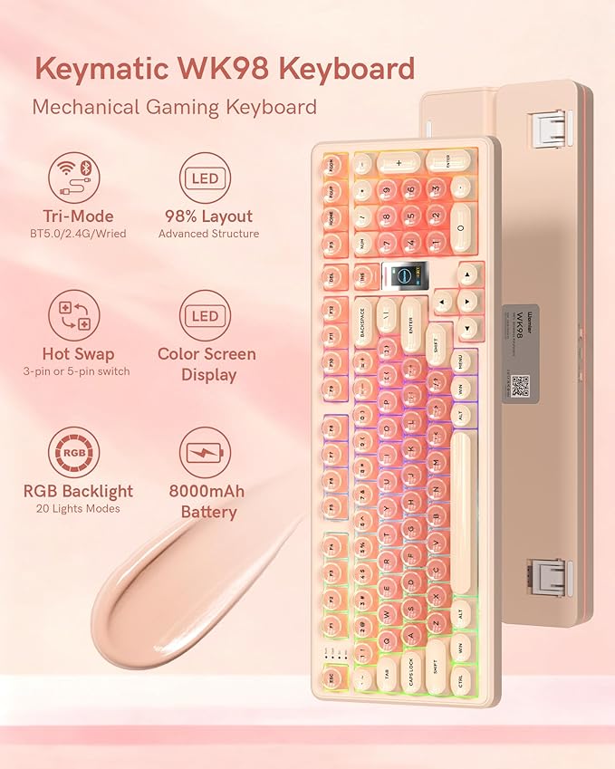 Keymatic Foundation Mechanical Keyboard98% Pink Creamy Keyboard Gaming Keyboard3 Mode with Multimedia ScreenRGB BacklitJelly MOA Profile keycaps for Win/MacPink