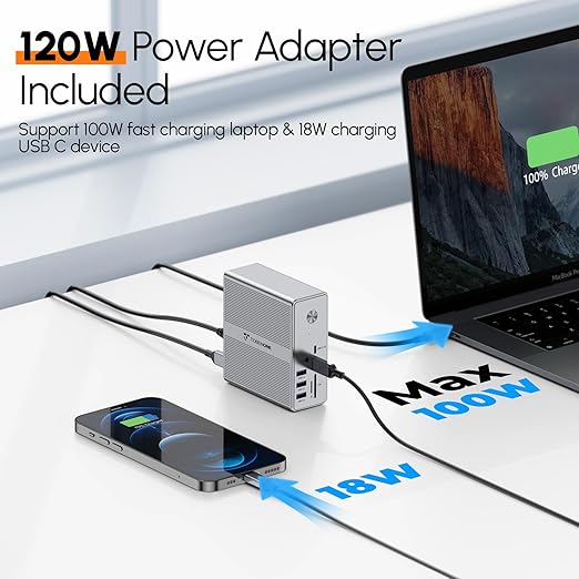 TobenONE DisplayLink Docking Station Triple Monitor with 120W Power Adapter Triple 4K Display for MacBook Pro/Air Thunderbolt 4/3 USB-C Windows(3X HDMI 3X DP 2xUSB-C 4xUSB 3.2 SD/TF)