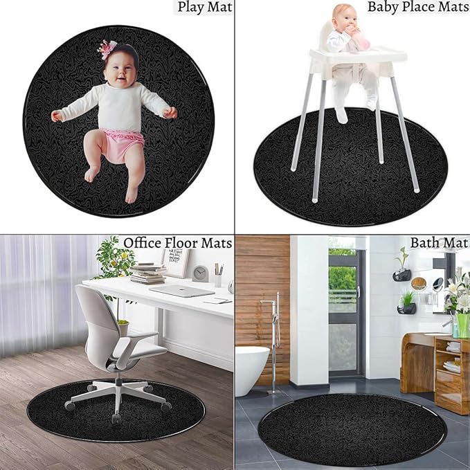 Medieval Ornament Round Area Rug Swivel Chair Mats for Hardwood Floor Washable Waterproof Spill Mat Anti-Slip Floor Protector Baroque Curved Flower LinesBlack Grey Diameter 35.5 in