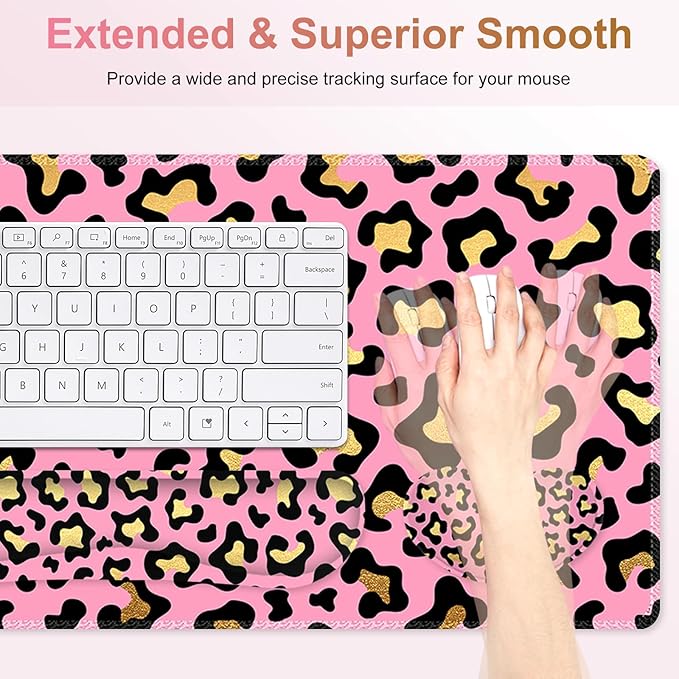 Large Gaming Mouse Pad Set 4 in 1 Extended Keyboard Desk Mat with Wrist Rest PC Computer Game Mousepad Set Non-Slip Desk Pad Easy Typing Pain Relief for Home Office I Pink Leopard Print