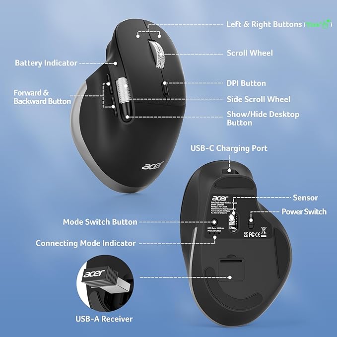 acer Ergonomic Mouse Wireless Rechargeable with Side Scroll (BT5.2+2.4GHz) Bluetooth Computer Mouse for Laptop Medium to Large Sized Hands Office USB Mice 8 Buttons 4800 DPI for PC Desktop