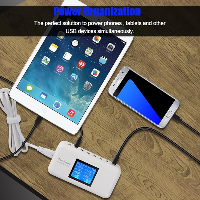 60W/12A 8-Port Desktop Charging Station Multiple USB Multi Port Travel Fast Wall Charger Hub with LCD for Smart Phones Tablet and More (White)