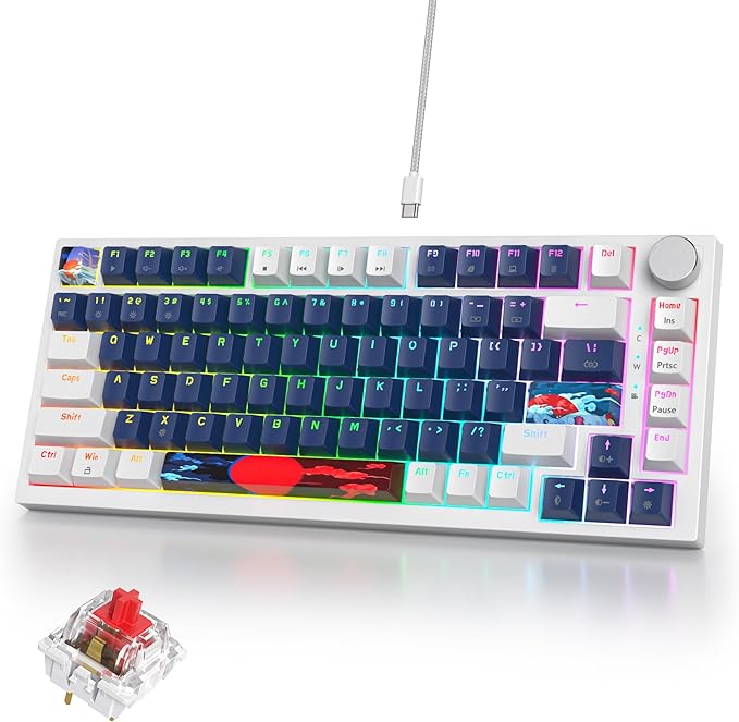 75% Mechanical Gaming Keyboard Hot Swappable RGB Backlit Custom Keyboard with Knob Gasket Mount USB Wired 82 Keys White Blue Linear Red Switch (82 White Blue)