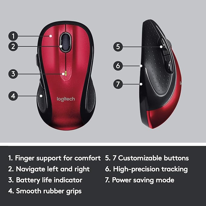 Logitech M510 Wireless Computer Mouse – Comfortable Shape with USB Unifying Receiver with Back/Forward Buttons and Side-to-Side Scrolling - Red