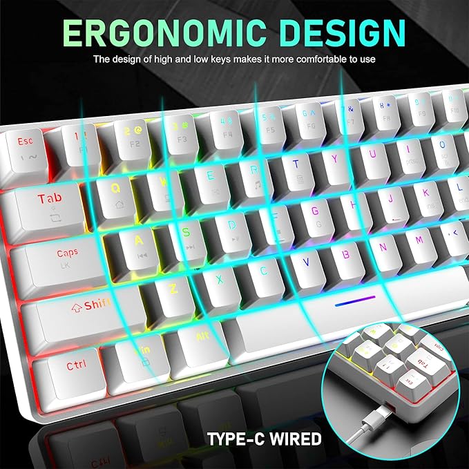 65% Wired Gaming Mechanical Keyboard and Mouse Combo Mini 68 Keys RGB Backlight Lightweight RGB Optical MouseMouse Pad Compatible with PS4XboxPCLaptopMAC (White/Blue Switch)