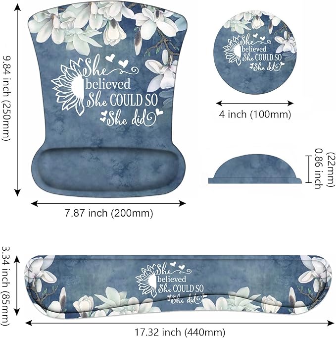 Keyboard Wrist Rest and Mouse Pad Wrist Support Set with Coasters She Believed She Could So She Did Inspirational Quote Wrist Mouse Pad with Non-Slip PU Base for Home Office Working Studying