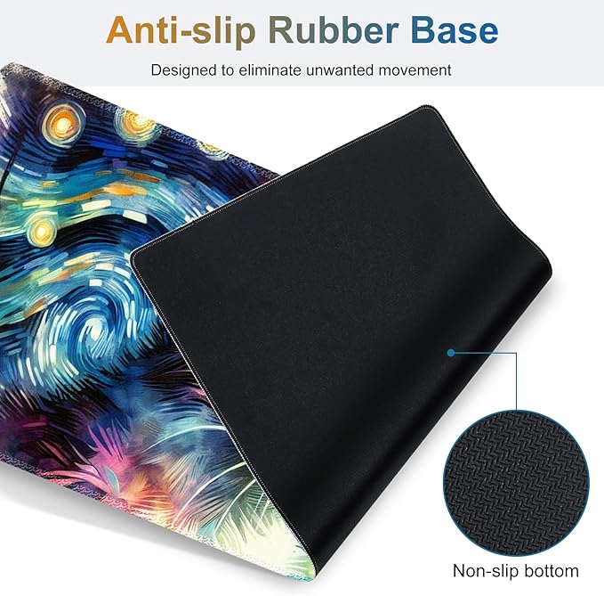 Large Gaming Mouse Pad Set 4 in 1 Ergonomics Keyboard Desk Mat Memory Foam Wrist Rest Computer PC Extended Game Mousepad Non-Slip Desk Matt Easy Typing Pain Relief I Starry Night Art Cat