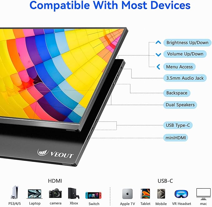 16 1920 * 1200P IPS Portable Monitor Laptop Side/Vertical Monitor USB-C/HDMI FreeSync 0.3 Ultra-Slim with Kickstand 4 Colors for Travel &amp Office