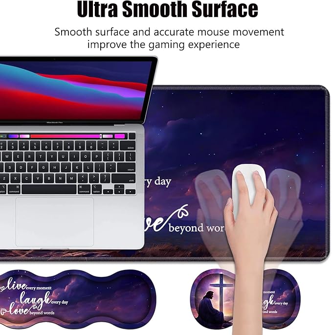 4 in 1 Ergonomic Memory Foam Mouse Pad Wrist Rest Set Large Gaming Desk Pad + Keyboard Wrist Rest + Mouse Wrist Cushion + Coaster for Home Office Study Gaming Christian Cross Quote Live Laugh Love